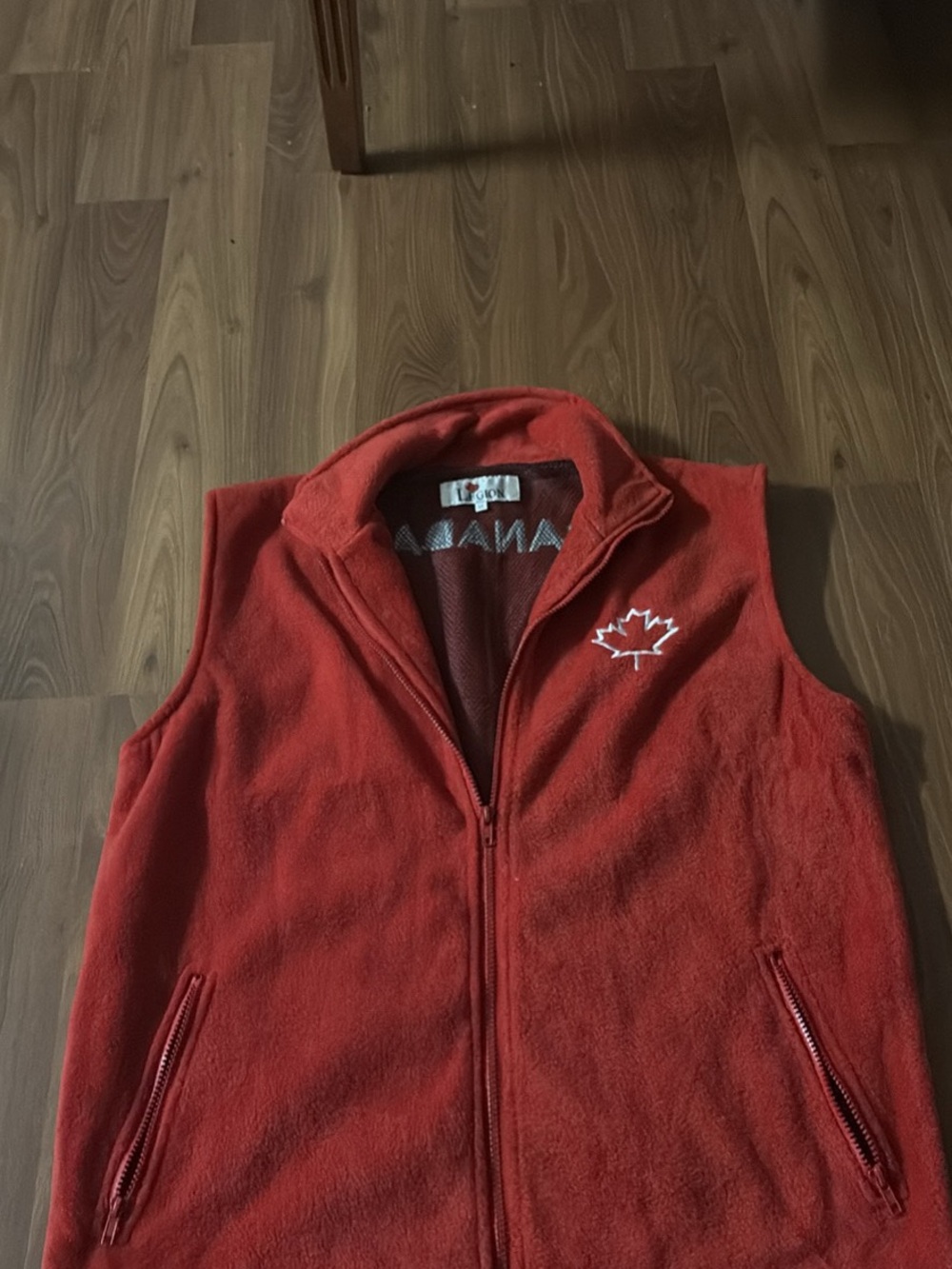 Women's Red Fleece Zip Vest with Embroidered Maple Detail